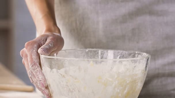 Hembra culinaria poner huevos en tazón con harina preparación de la masa, cámara lenta — Vídeos de Stock