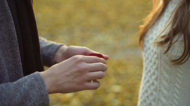 Güzel elmas yüzük gelini ciddi ilişki parmağında koyarak adam