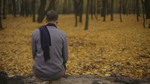 Guy zit in park geïnspireerd door de prachtige natuur en denken over het verleden leven — Stockvideo