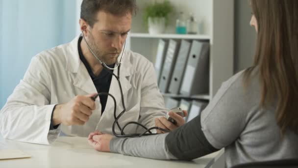 中年医生在医院检查女性病人的血压 — 图库视频影像