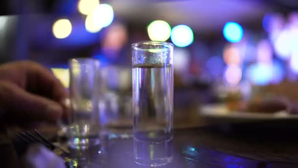 Bartender serving different portions of vodka for visitors, shot preparation — Stock Video