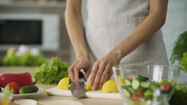 Шеф-повар приготовления и приправы салат со свежим лимонным соком, девушка резки фруктов — стоковое видео