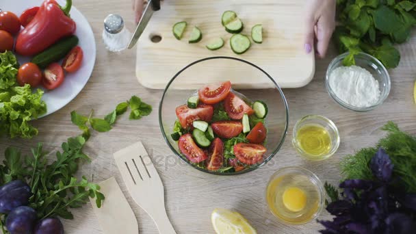 Top-view of woman hands cutting cucumber and adding it into salad bowl — Stock Video