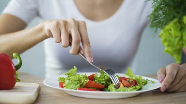 Женщина ест овощной салат, соблюдает диету и подсчет калорий, оздоровительный — стоковое видео