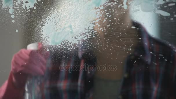 Ama de casa experimentada rociando mucho líquido de lavado en la ventana para limpiarlo — Vídeo de stock