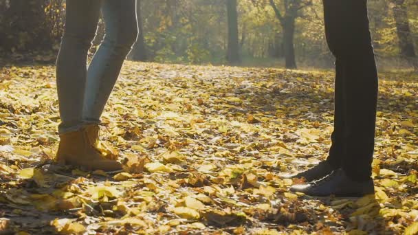 Les pieds féminins approchent de l'homme et se tiennent sur la pointe des pieds pour embrasser, rendez-vous romantique dans le parc — Video