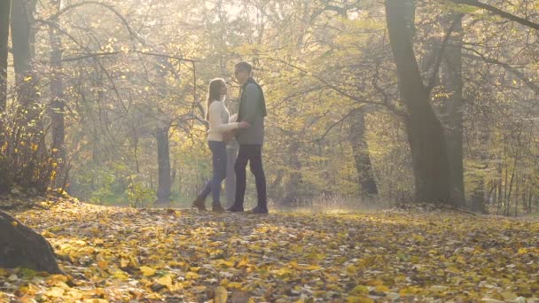 Cuplu tânăr îmbrățișare tandră în pădurea de toamnă, gest romantic, oameni îndrăgostiți — Videoclip de stoc