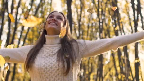 Очаровательная улыбающаяся женщина прыгает в красивый лес, решает все проблемы, торжествует — стоковое видео