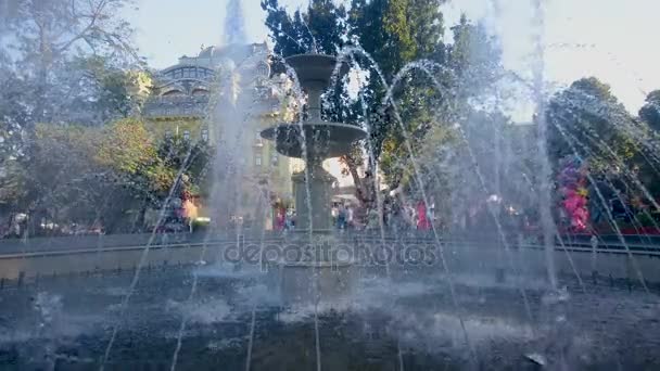 Air mancur yang menakjubkan percikan di taman kota musim panas, akhir pekan keluarga, tamasya — Stok Video