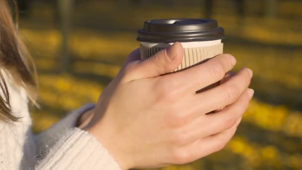 Девушка согревает руки и пьет кофе в одиночестве, наслаждаясь солнечной осенью, вдохновение — стоковое видео