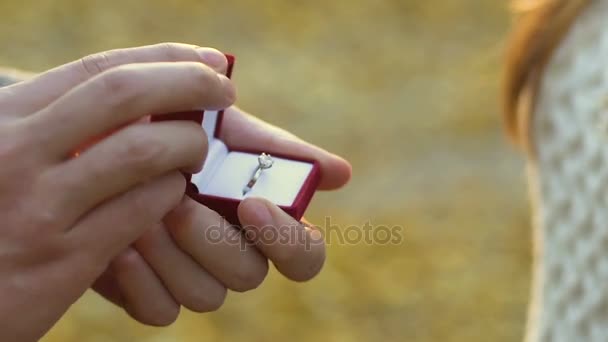 Hombre poniendo anillo de compromiso de plata en la mano de la mujer, propuesta en el parque de otoño — Vídeo de stock