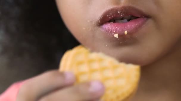 Close-up van kind eten mooi knapperig koekje, veel kruimels op kleine kinderen de lippen — Stockvideo