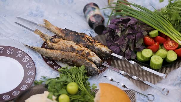 Пикник со свежими овощами и рыбой, традиционная грузинская кухня, летняя поездка — стоковое видео
