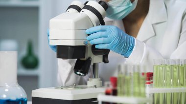 Close-up of bacteriologist viewing samples of bacteria on microscope, virology clipart