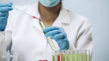Kadın biyolog kan ile sıvı, tüp içine bırakarak laboratuarda çalışma
