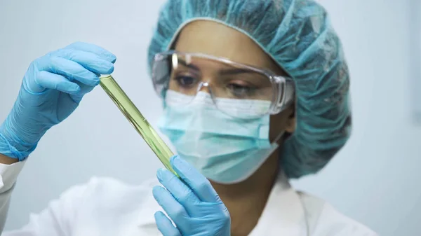 Assistente de laboratório atraente analisando biomaterial em tubos, pesquisa bioquímica — Fotografia de Stock