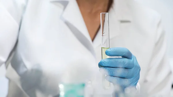 Estudiante de química sosteniendo tubo de ensayo con líquido amarillo, haciendo investigación médica —  Fotos de Stock