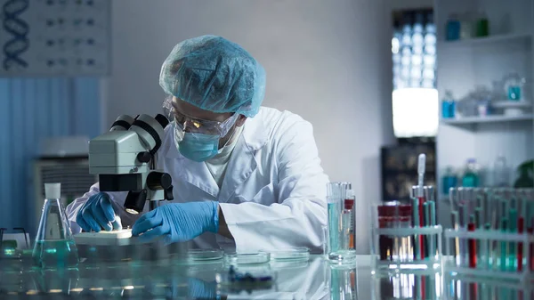 Медичний працівник лабораторії вивчає лабораторне скло зразком через мікроскоп — стокове фото