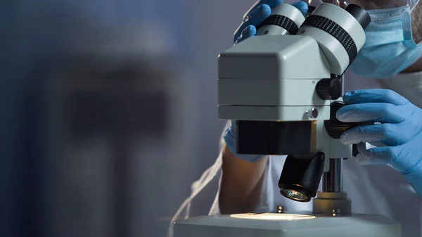 Assistente de laboratório pesquisando bactérias recém-criadas sob microscópio, ciência — Fotografia de Stock