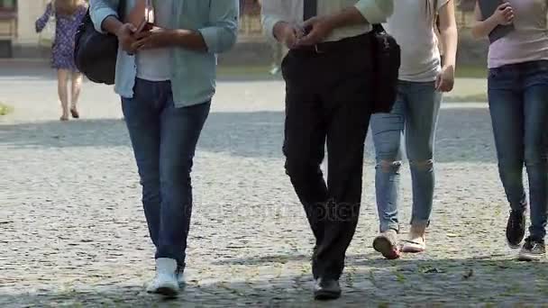 Leraar blijven interessante lezing tijdens het wandelen met studenten op de campus — Stockvideo