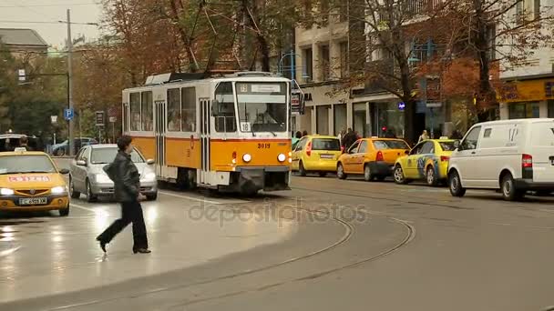 SOFIA, BULGARIA - CIRCA SEPTEMBER 2014: Transport in the city. Street with moving traffic and pedestrians in Sofia, Bulgaria, weekday city life — Stock Video