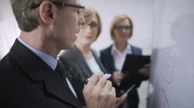 Bayanlar öğretim adam ofis çalışanları izlemek için Pazar, beyin fırtınası, ekip çalışması