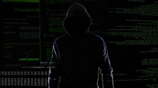 Silhouette of fearless male hacker shooting into camera, dangerous person — Stock Video