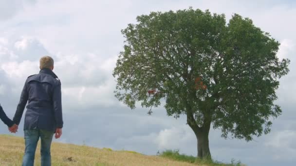 Романтическая пара, держащаяся за руки, путешествующая вместе, целующаяся под деревом — стоковое видео