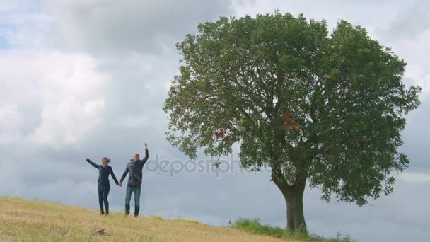 Gelukkig jonge jongens doen gekke dans, springen in veld, kussen, hand in hand — Stockvideo