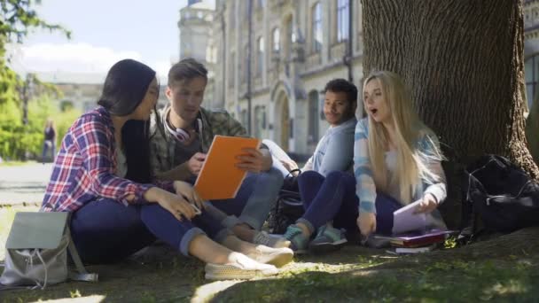 Studenti universitari riuniti sotto l'albero, avendo discussione, lavorando sul progetto — Video Stock