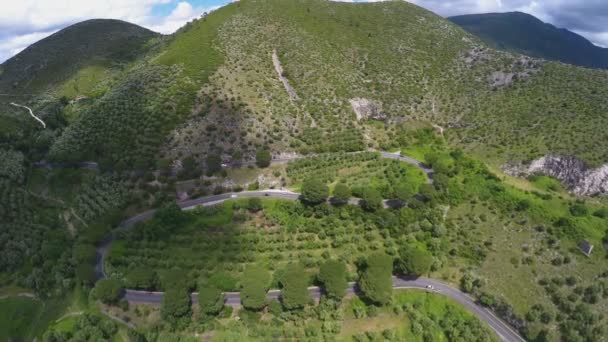 Luftaufnahme wunderschöner Berge, kurvenreiche Straße zwischen Bäumen und Büschen — Stockvideo