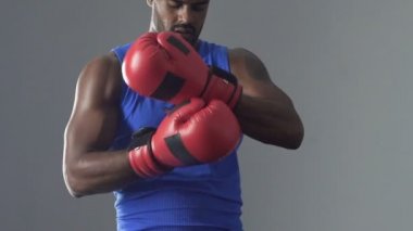 Latince boxer giyiyor koruyucu eldivenler, gölge spor salonunda mücadele, amaç duygusu