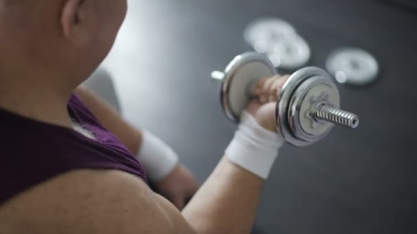 Corpulente persoon probeert op te heffen van halters, training voor gewichtsverlies, luiheid — Stockvideo