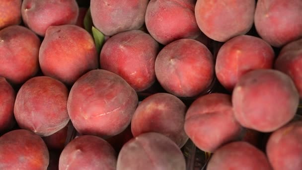 Läckra färsk frukt på marknaden stativ, Vegetarisk ekologisk näring, närbild — Stockvideo