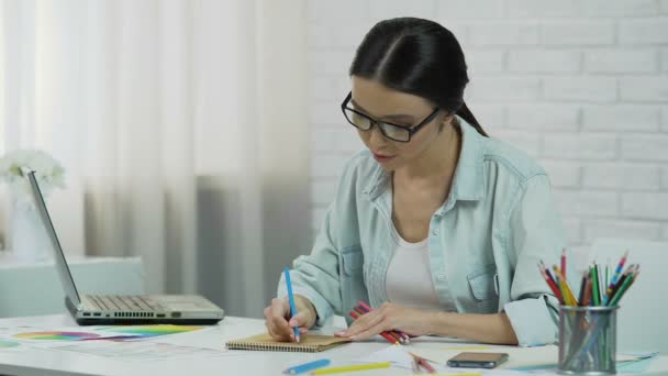 Inspired designer creating project, freelancer enjoying work drawing with pencil — Stock Video