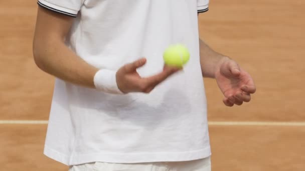 Mann mit weißem T-Shirt wirft gelben Tennisball, Training im Stadion — Stockvideo