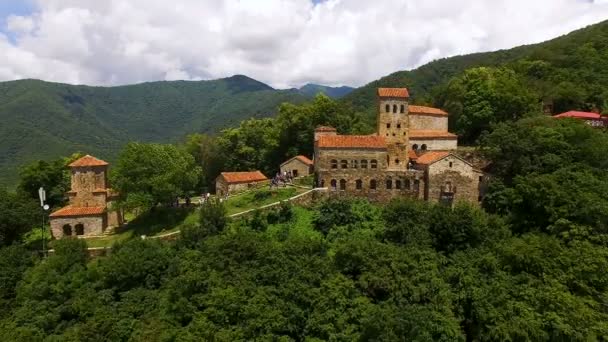 Drone flying away from old Nekresi monastery, view of Alazani valley in Georgia — Stock Video