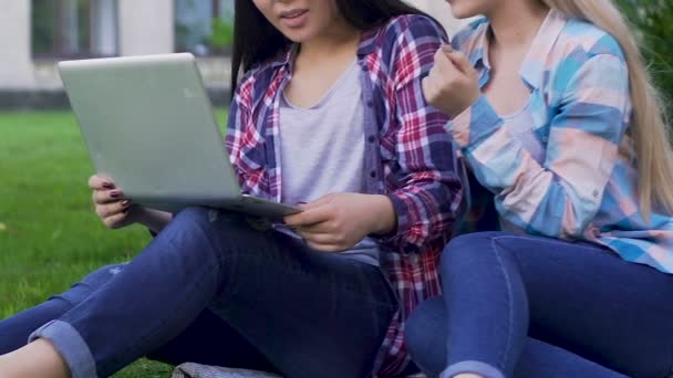 Freundinnen sitzen mit Laptop auf dem Rasen, zeigen auf den Bildschirm und lächeln — Stockvideo