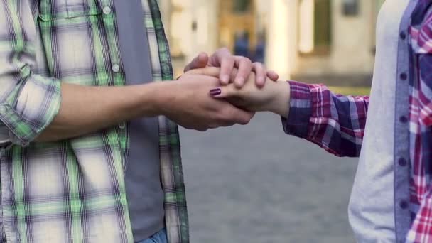 Chico cogido de la mano de chica y acariciándolo, novios universitarios, primer amor — Vídeo de stock