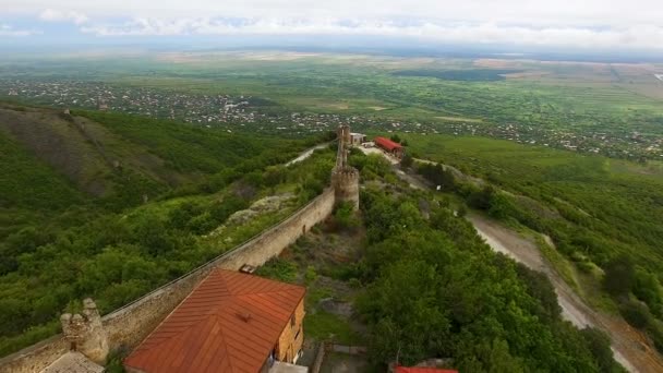 Θέα από το μεσαιωνικό φρούριο Sighnaghi με ερείπια τειχών και την κοιλάδα του Alazani — Αρχείο Βίντεο
