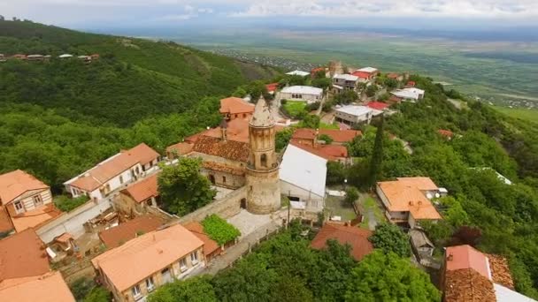 Wonderful panoramic view of Sighnaghi town with old church of St George, travel — Stock Video