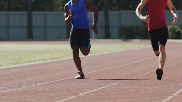 Athletes actively training at outdoor sports ground, preparing for competition — Stock Video