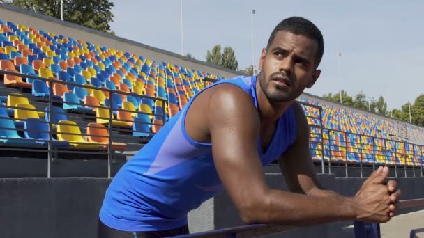 Depressed athlete upset with failure at competition and bad result, career end — Stock Footage Depressed athlete upset with failure at competition and bad result, career end Stock Video