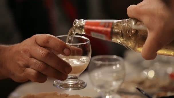 Homme versant de l'alcool dans des verres d'invités à la fête, l'hospitalité et l'amitié — Video