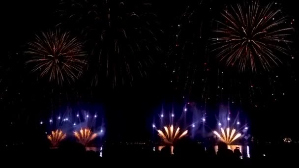 Pessoas olhando para fogos de artifício chiques e longos no final do desempenho noturno grandioso — Vídeo de Stock