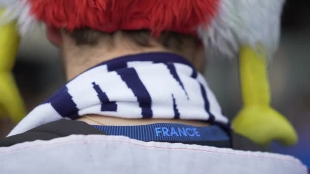 Emocionado aficionado al fútbol francés esperando el inicio del partido para apoyar a la selección nacional — Vídeo de stock