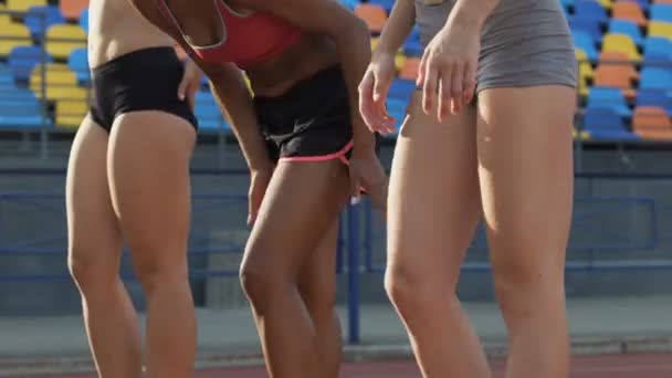 Feminino equipe de corrida alongamento e aquecimento, se preparando para a corrida, espírito de equipe — Vídeo de Stock