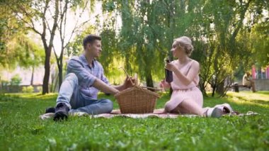 Piknik sepeti, harika dinlenme birlikte mutlu çift/açma şarap şişe