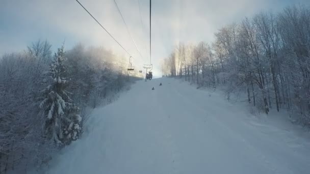 Vista desde el telesilla hasta las hermosas pistas nevadas y los esponjosos árboles blancos en los bordes de las carreteras — Vídeos de Stock