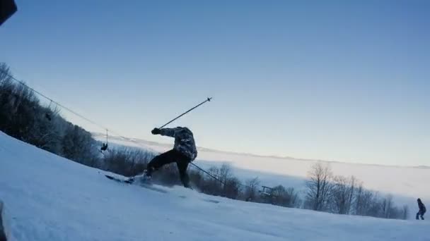 Active friends learning to ski at snowy mountain resort, winter recreation — Stock Video